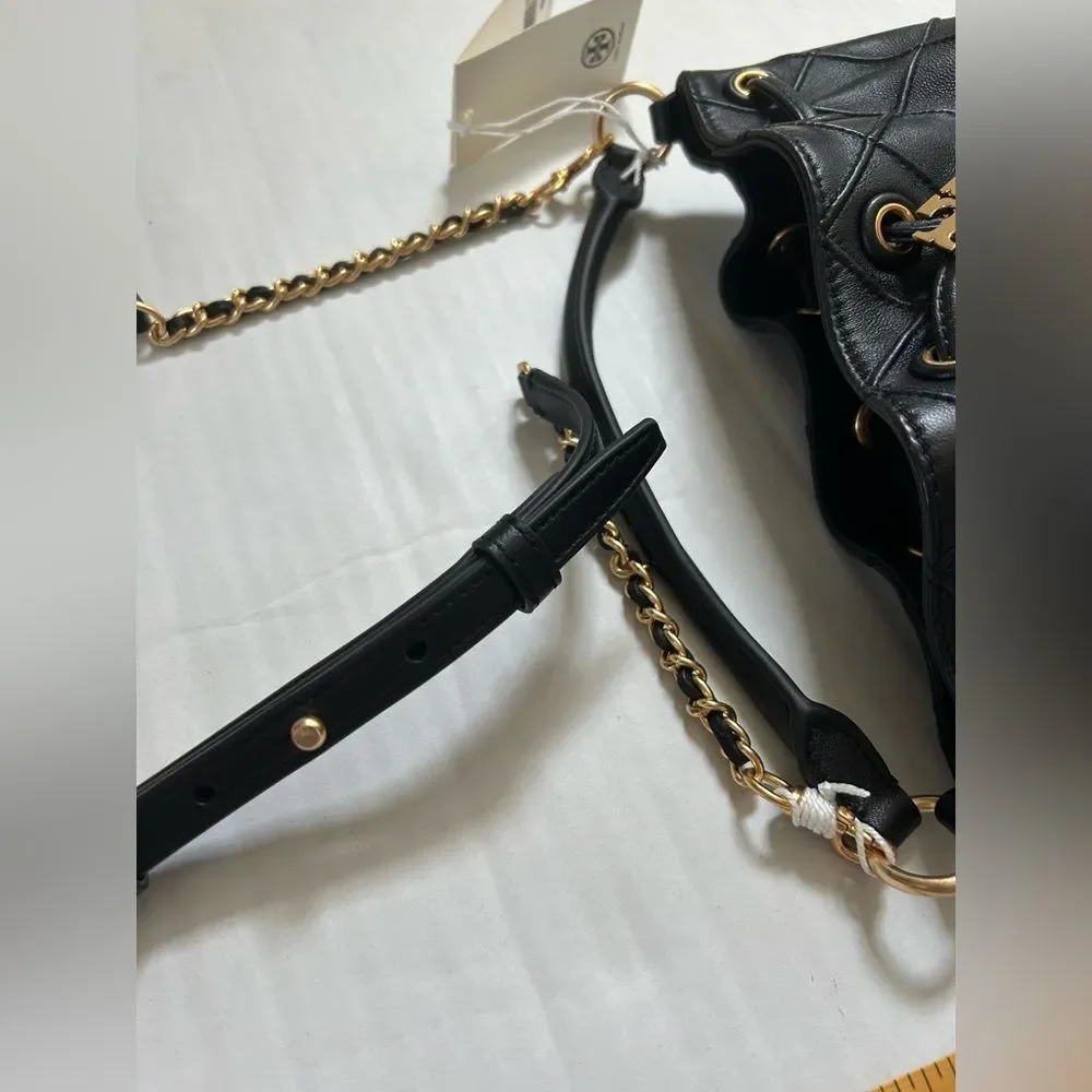 Tory Burch Fleming Black Quilted Soft Leather Bucket Bag NWT